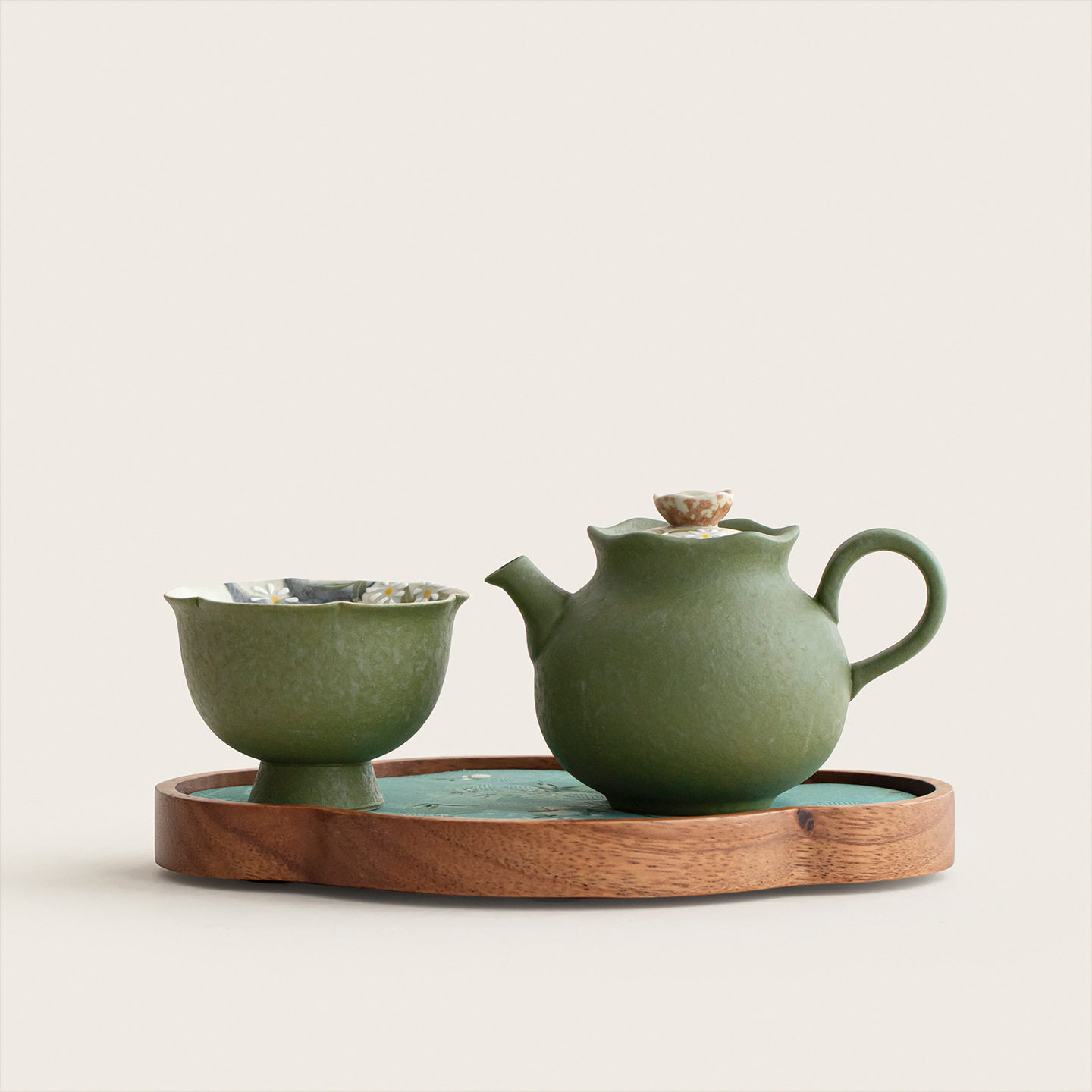 原矿陶泥小青柑手绘雏菊花口壶组合茶具带托盘一人饮一壶一杯套组图片