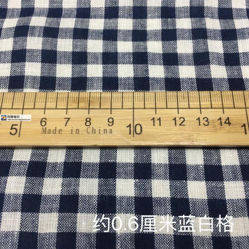 亚麻蓝白色织格子柔挺透气夏薄凉裤子连衣裙衬衫薄外套服装布面料