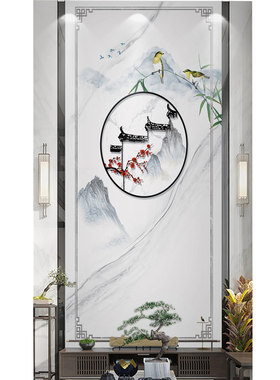 轻奢复式楼挑高电视背景墙瓷砖楼中楼新中式山水影视墙客厅大理石