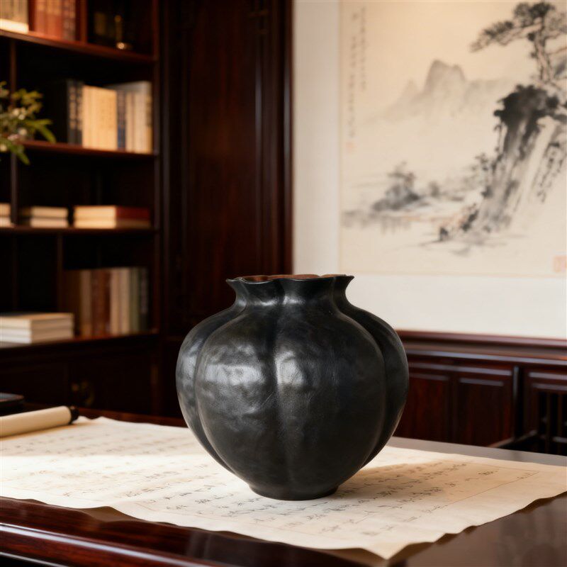 【圣诞专用】精选A级景德镇手工陶瓷花瓶纯黑乌金釉南瓜形家居