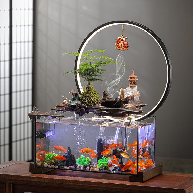 创意招财流水摆件循环水玻璃鱼缸造景假山客厅办公室乔迁礼装饰品