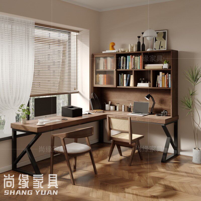 实木转角书桌书柜家用拐角双人办公桌 书房靠墙l型电脑桌书架一体