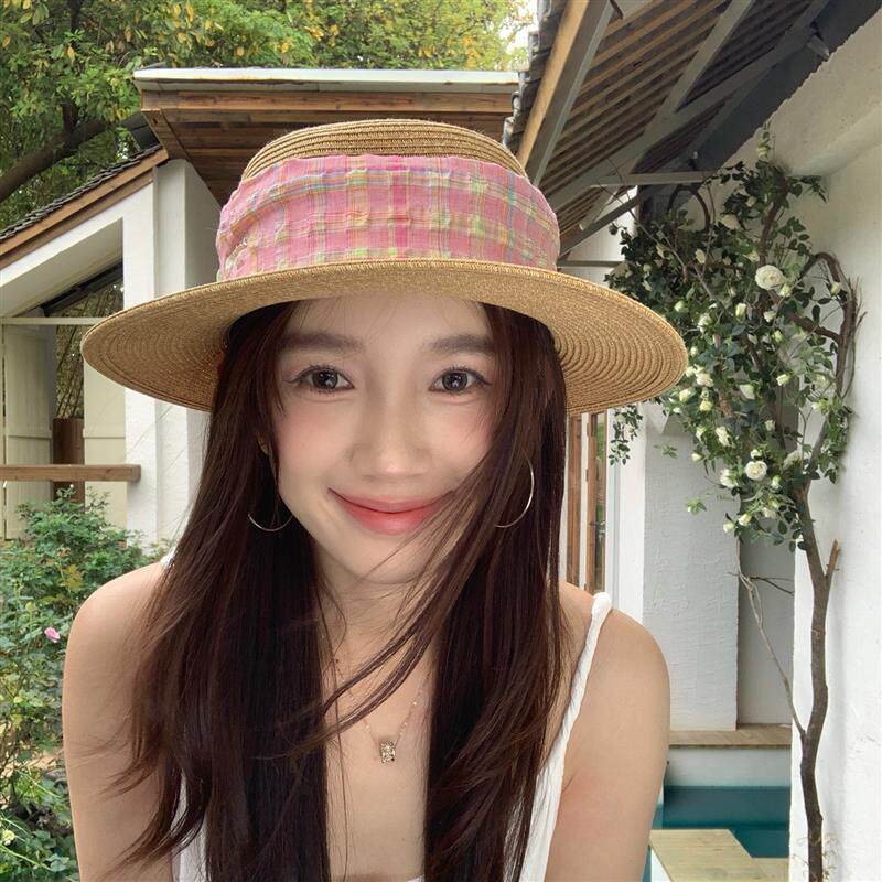 台湾纸草编织草帽女夏季法式平顶出游小礼帽格子织带遮阳帽防晒帽