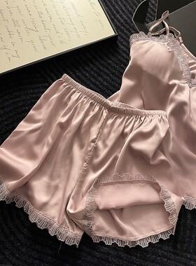 法式缎面轻奢紫色吊带睡衣女夏季2025新款冰丝短裤套装花边居家服