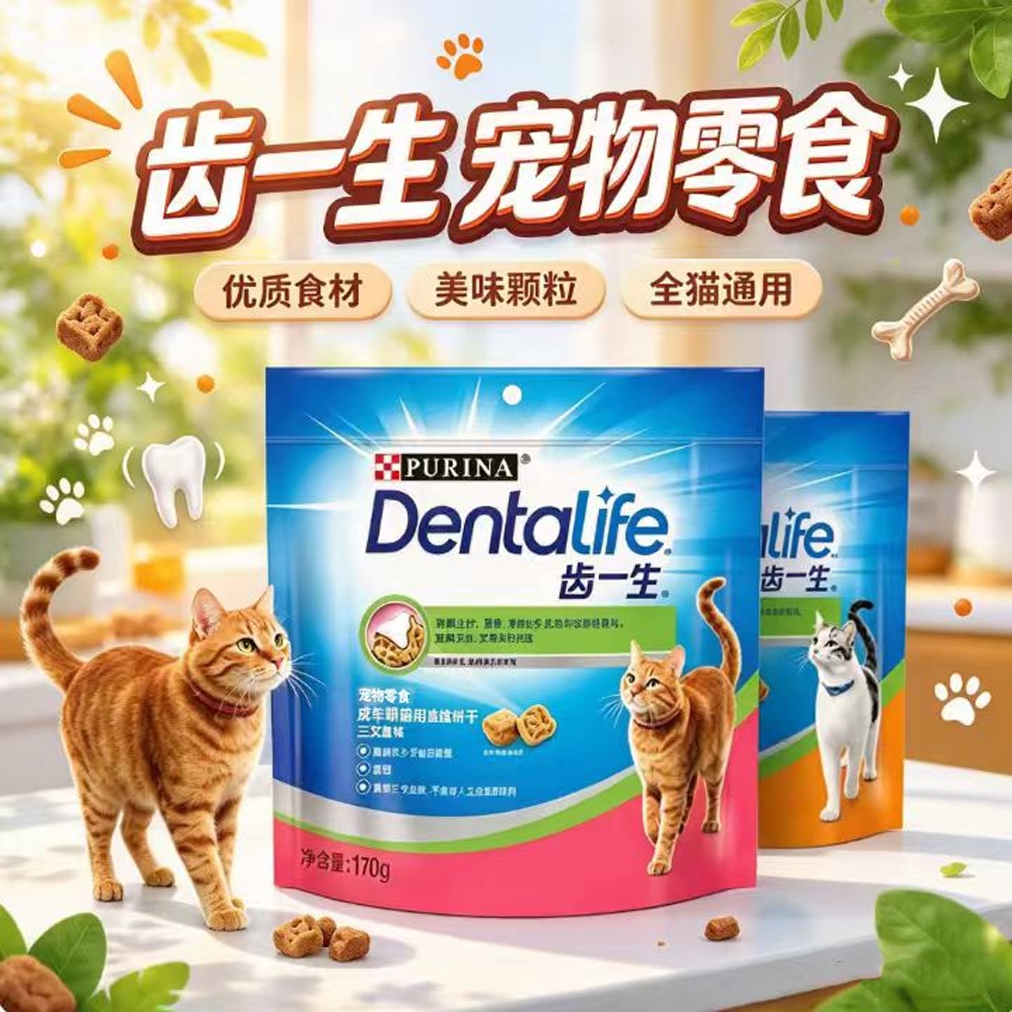 齿一生洁齿猫饼干宠物零食成猫鸡肉三文鱼猫咪磨牙零食170g/袋