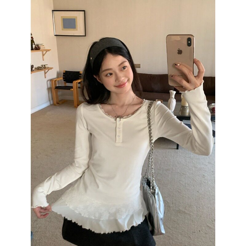 甜辣妹白色蕾丝花边圆领长袖T恤女秋季修身显瘦内搭打底衫上衣潮