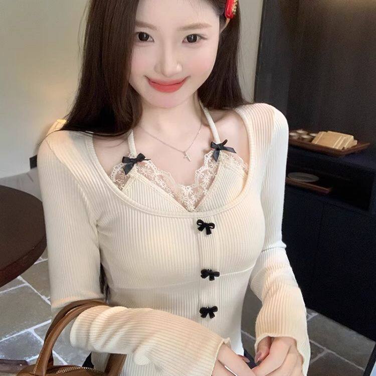 广州十三行女装假两件蕾丝挂脖长袖针织衫女秋季蝴蝶结百搭上衣潮