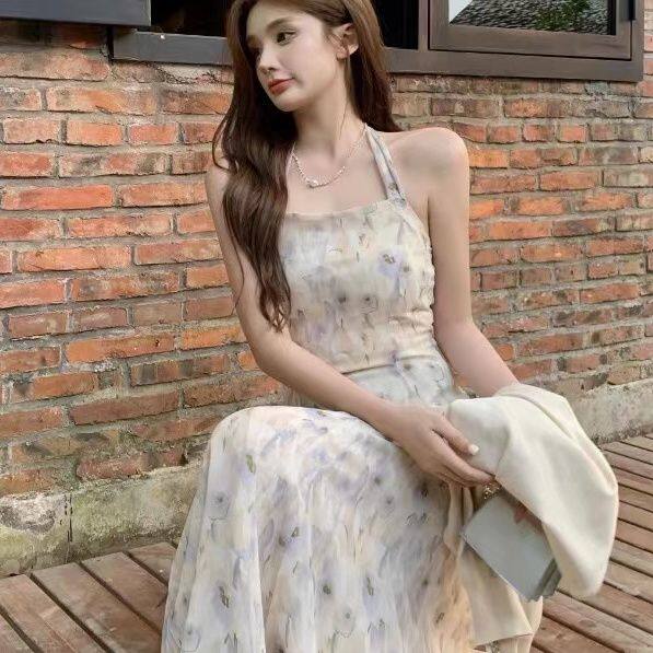 碎花吊带连衣裙女夏季法式小个子长裙海边度假裙子开衫两件套装裙