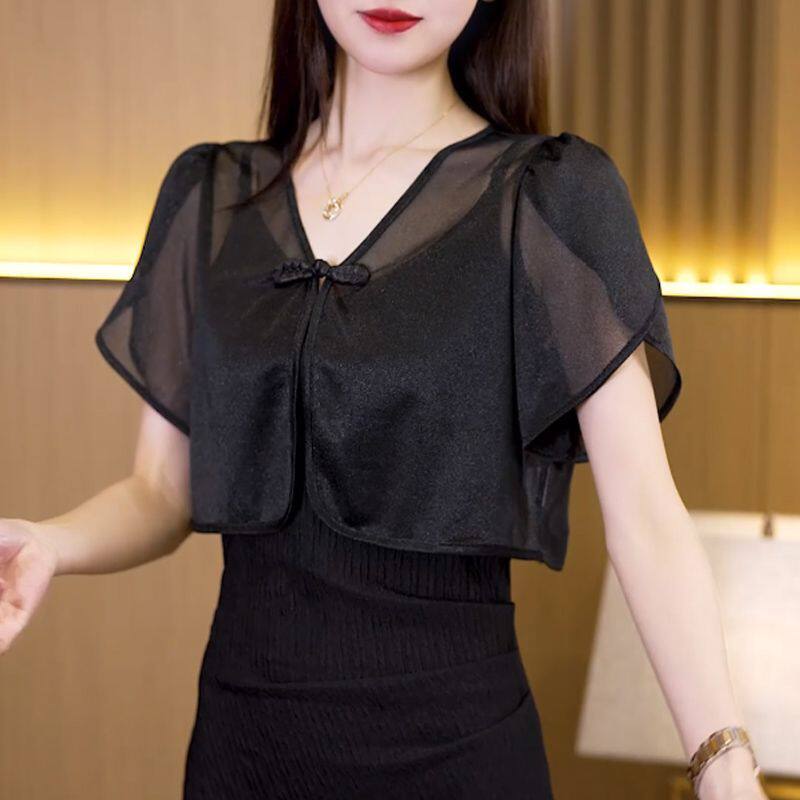 新中式国风夏季短袖气质小披肩开衫女薄款吊带裙外搭罩衫旗袍外披