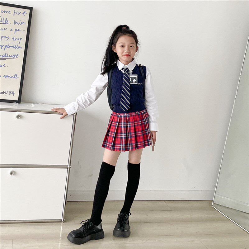 2023秋季新款甜酷女童衬衫背心百褶裙学院风套装女团爵士舞演出服