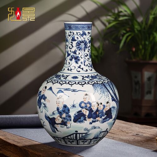 景德镇陶瓷青花瓷花瓶天球瓶新中式插花电视柜客厅瓷瓶摆件装饰品