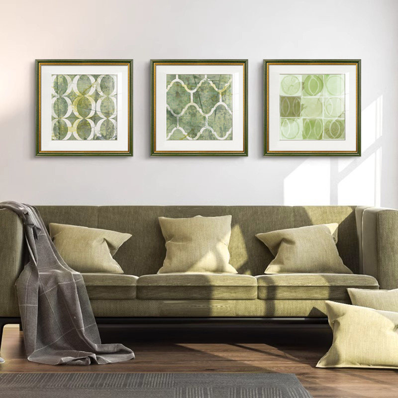 中古风客厅装饰画几何抽象绿色系沙发背景墙挂画小众艺术高级感壁