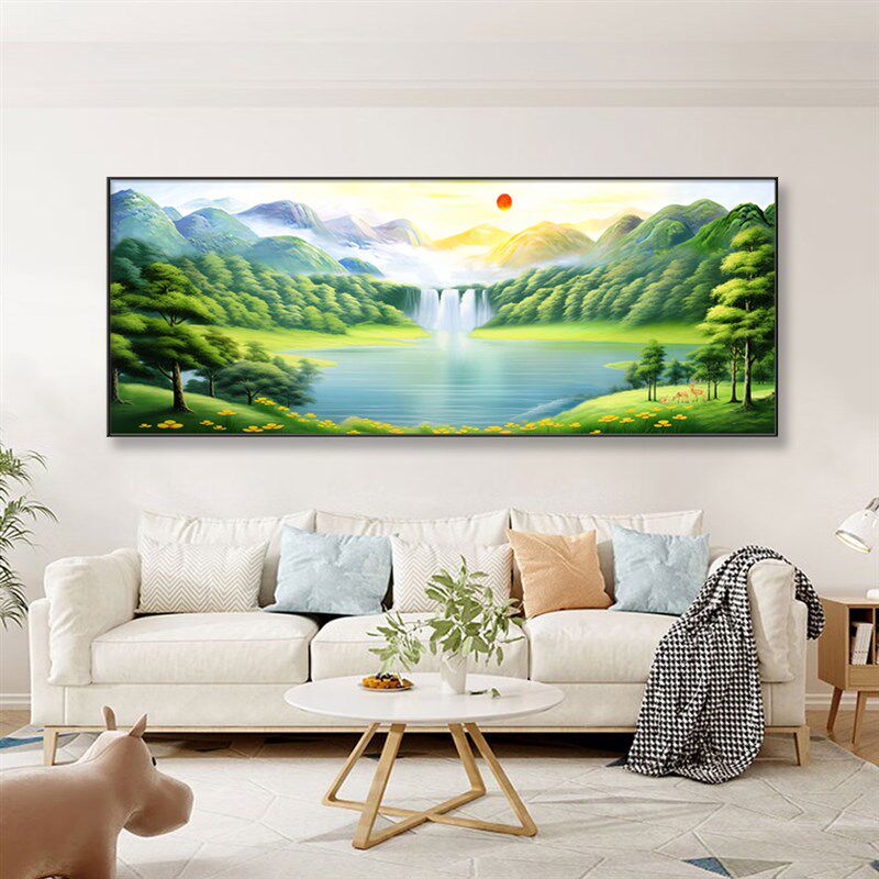 青山绿水聚宝盆装饰画客厅沙发背景墙山水挂画流水生财壁画靠山图