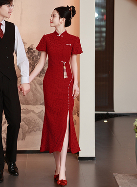 旗袍敬酒服新娘2024新款小个子红色订婚礼服裙女回门结婚便装修身