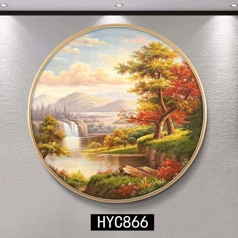 聚宝盆装饰画圆形挂画饭厅风景油画山水画客厅玄关走廊过道壁画