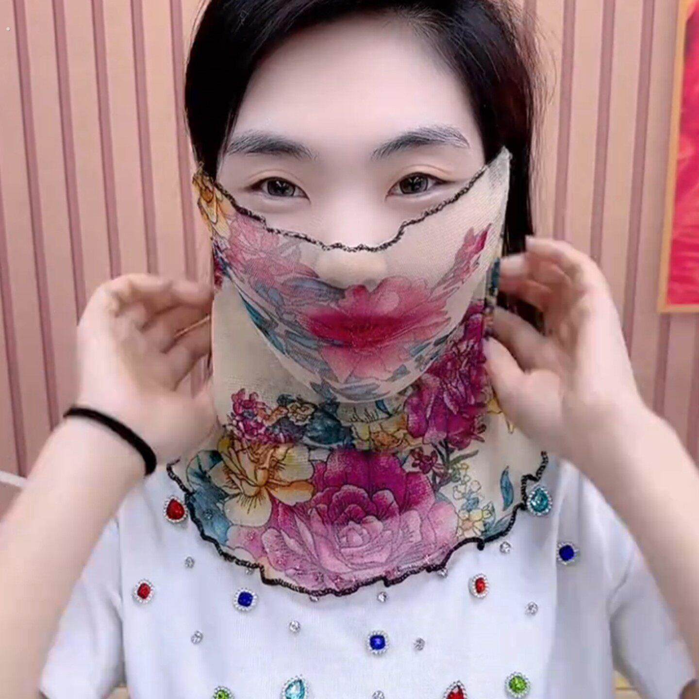 夏季防晒面纱女薄款遮全脸护颈小围脖挂耳护脖子头套纱巾百搭围巾