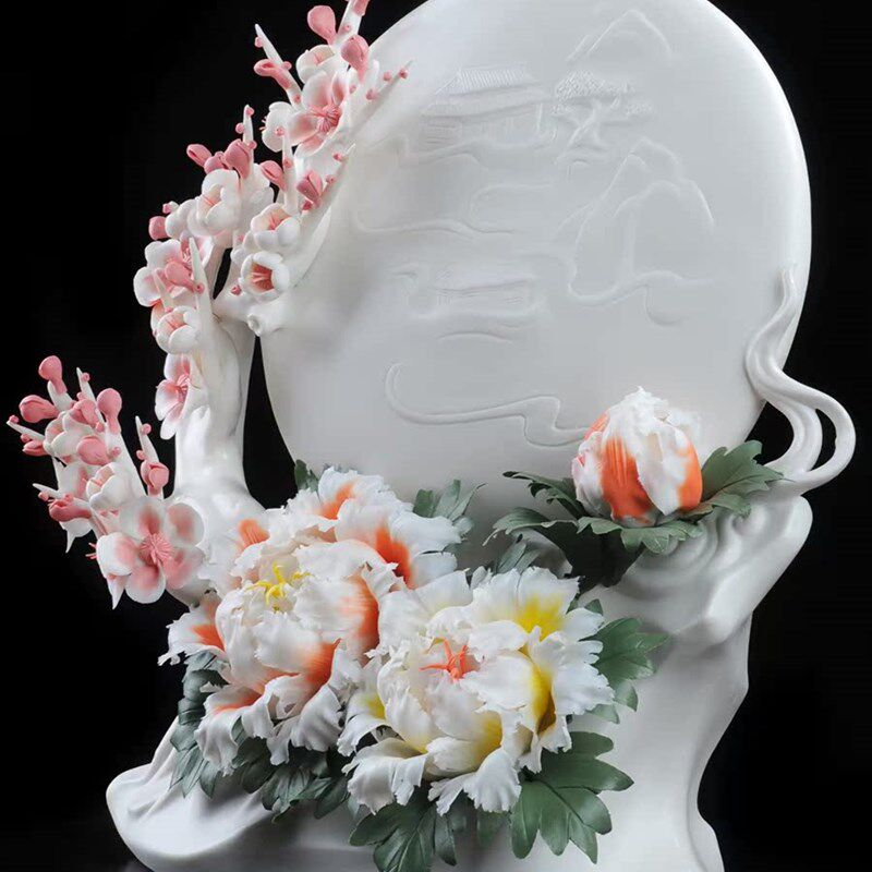 花好月圆德化白瓷陶瓷牡丹工富贵艺品家居玄关办公室结婚礼品摆件