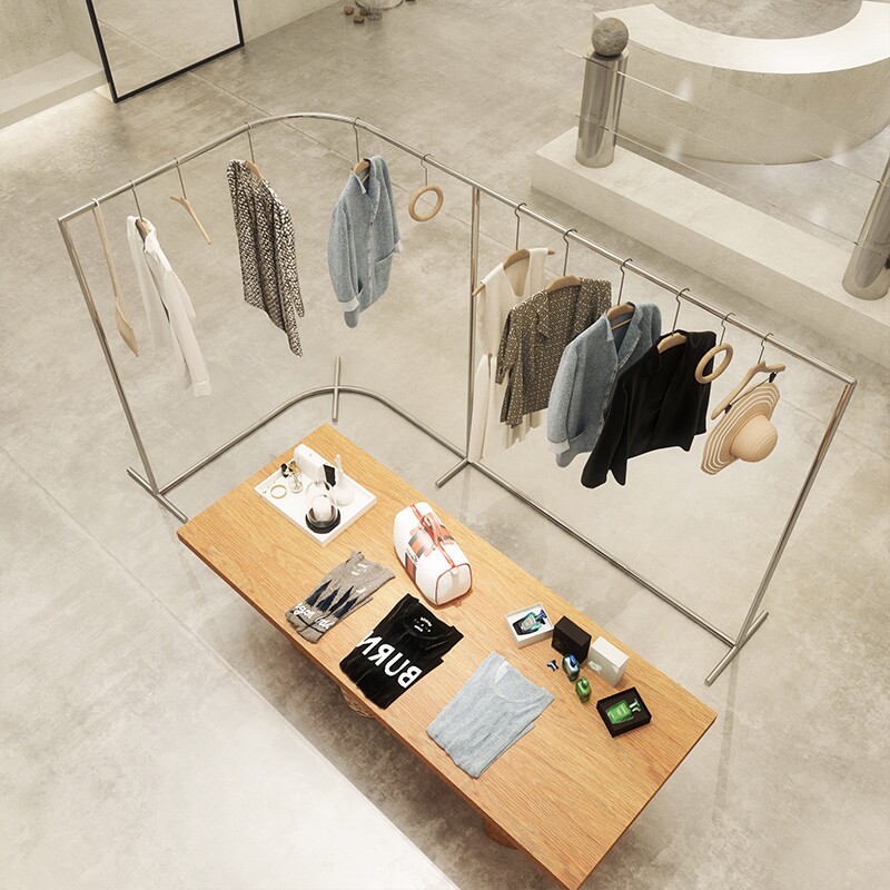 服装店专用中间中岛架子弧形挂衣架不锈钢陈列架流水台服装展架