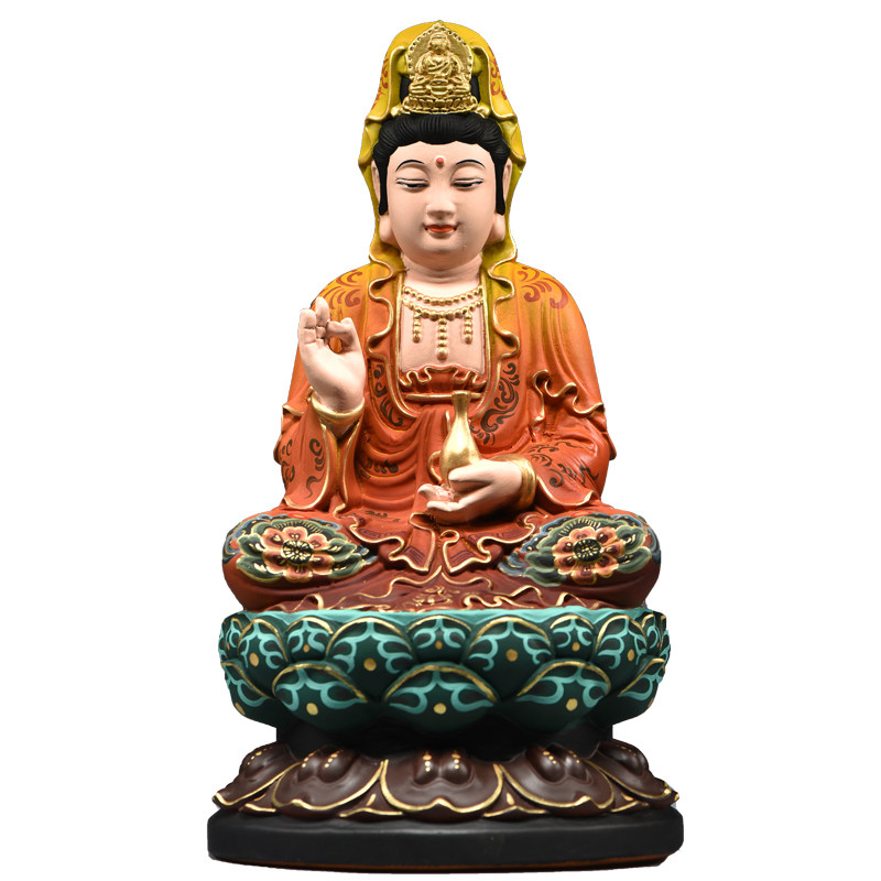 花梨实木雕刻观音菩萨佛像摆件新中式彩绘坐莲观音家居客厅装饰品