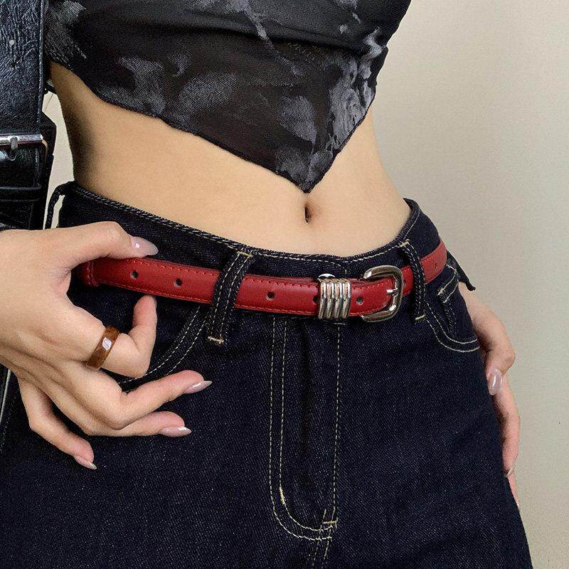 美式复古高级感红色腰带女款2025新款个性潮流辣妹风窄款皮带腰封