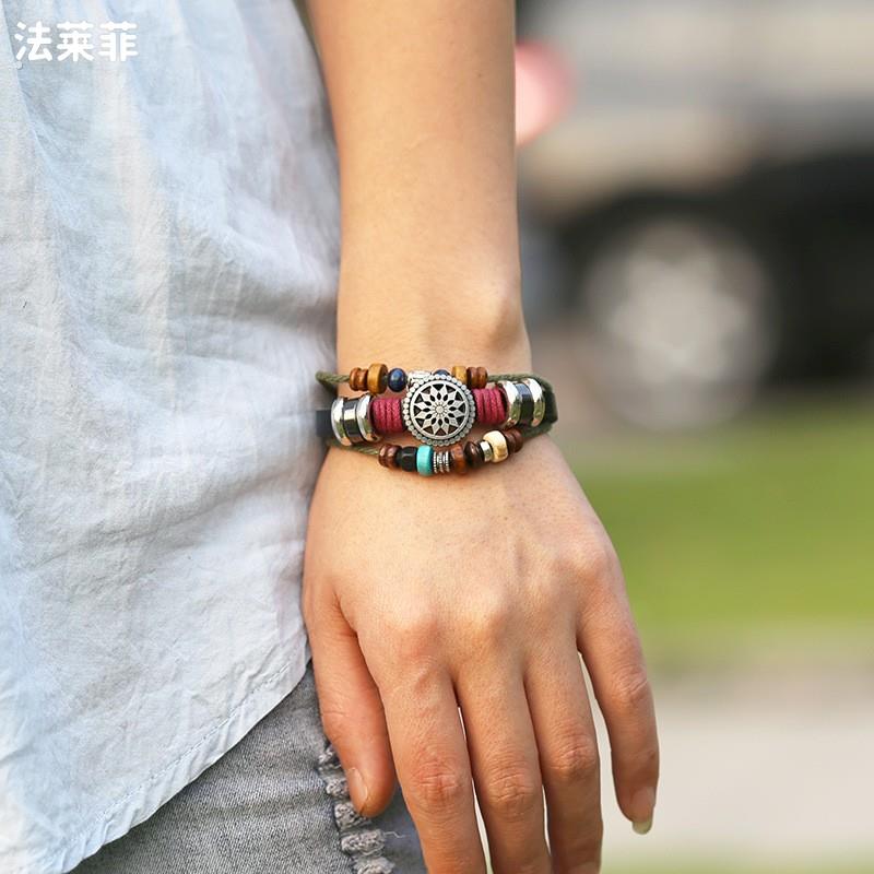民族风皮质复古典编织手链蒙古吊坠异域风情手串腕饰多层彩色手环