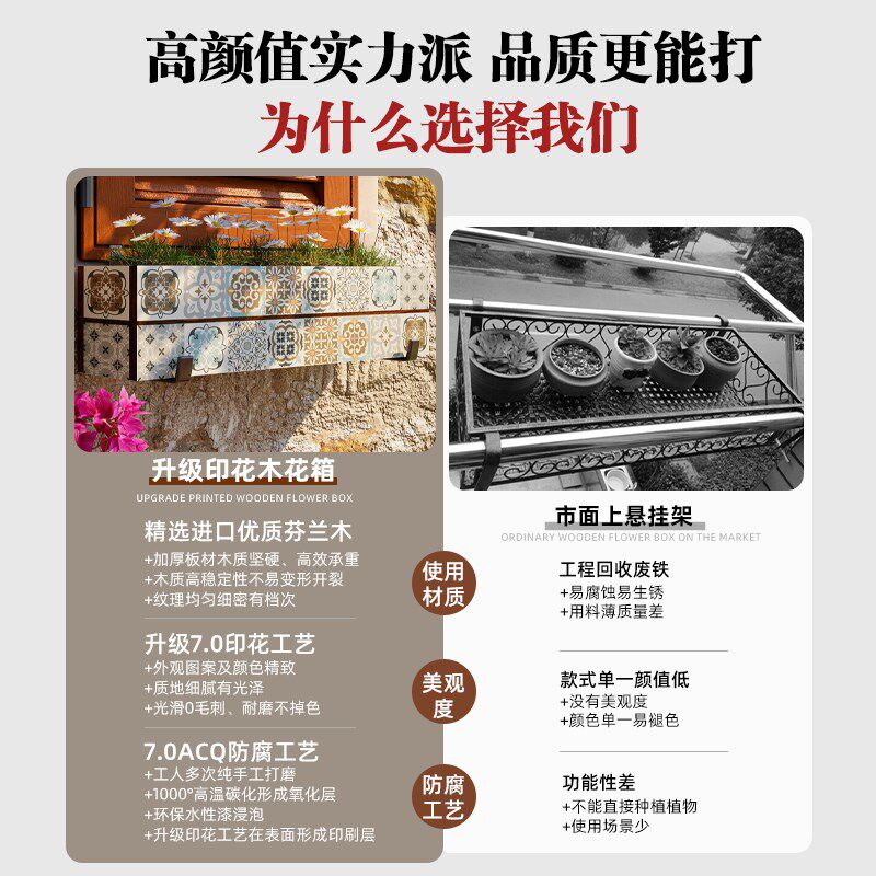 阳台窗台悬挂式护栏壁挂防腐木花盆花架栏杆种菜盆吊篮挂架免打孔