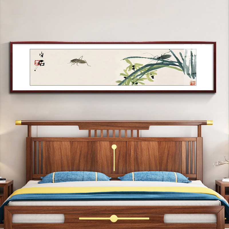 齐白石荷花新中式卧室床头挂画主卧背景墙装饰画老人房间高档壁画