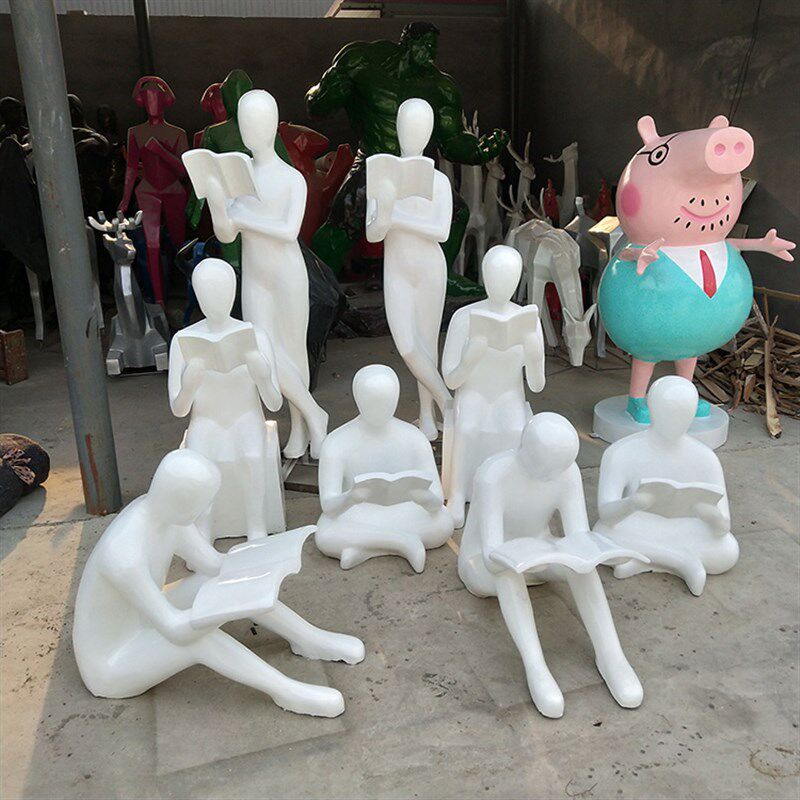 定制儿童读书雕塑抽象白色玻璃钢定做校园小孩看书雕像订人物摆件