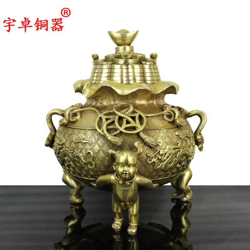 宇卓铜器三童子聚宝盆 纯铜聚宝盆工艺品摆件黄铜聚宝盆
