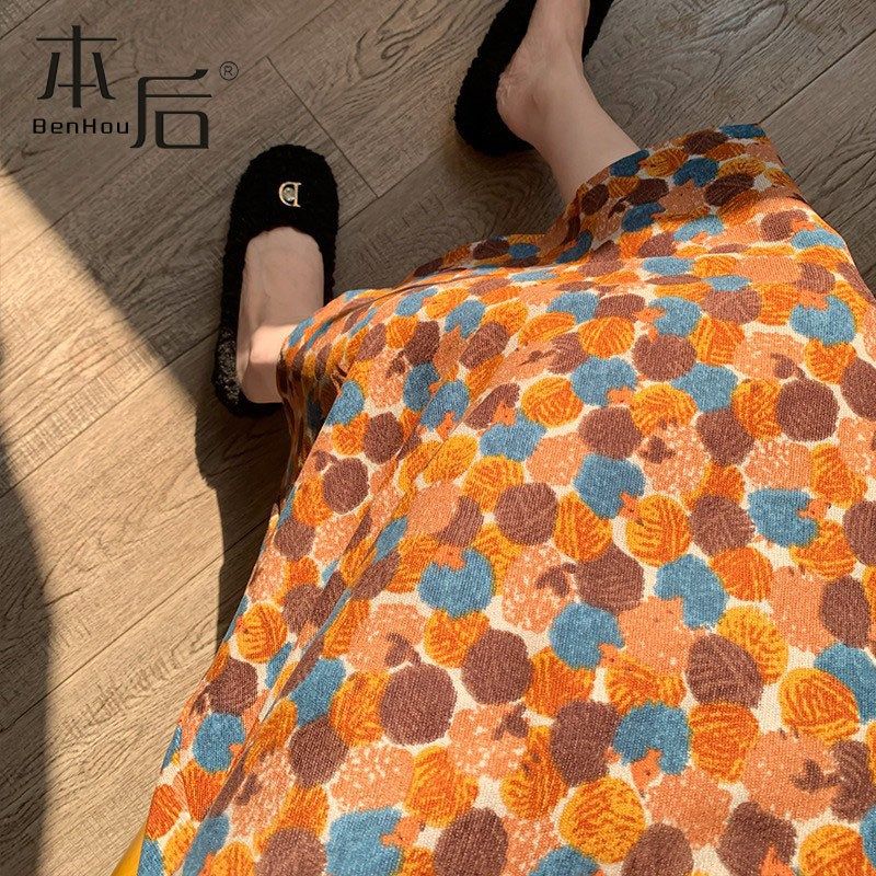 油画风碎花灯芯绒半身裙春秋女中长款高腰2024新款a字裙小个子