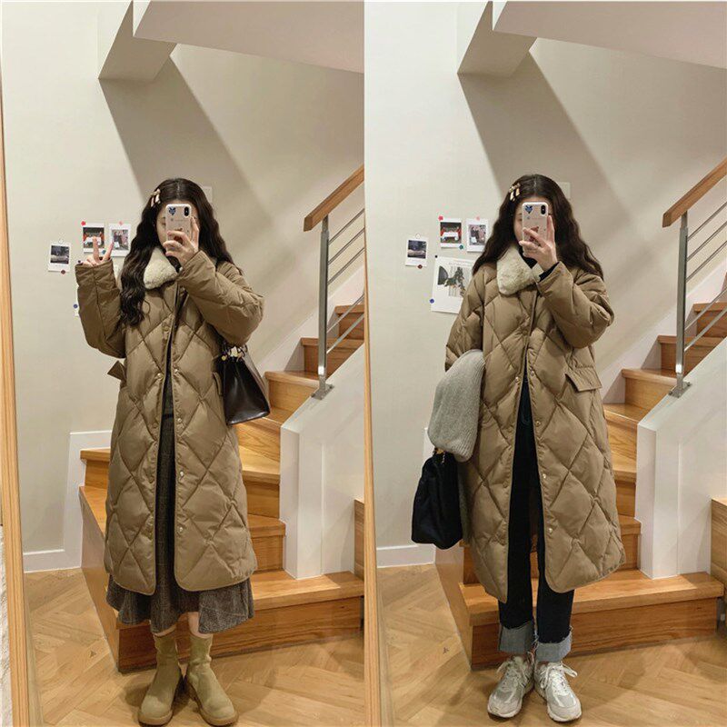 145小个子150cm韩风宽松加厚保暖毛领菱格过膝棉服外套xxs码秋冬