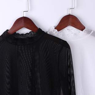 长袖 半截网纱打底衫 秋装 黑色性感蕾丝半身罩衫 t恤纱衣女 内搭短袖