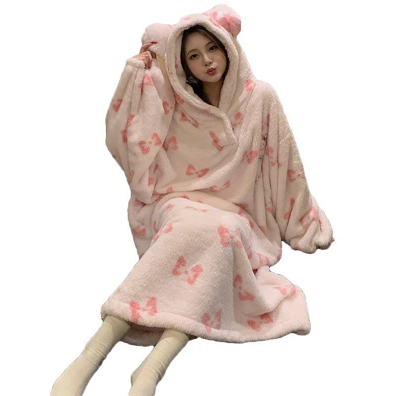 珊瑚绒睡衣女春秋冬季加厚睡袍浴袍保暖可爱长款法兰绒家居服猫咪