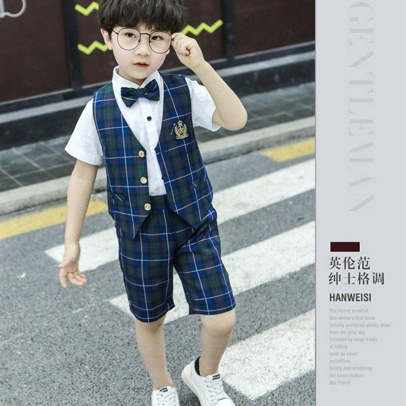 男童2020新款夏季短袖花童礼服中小童英伦风格子马甲西装三件套装