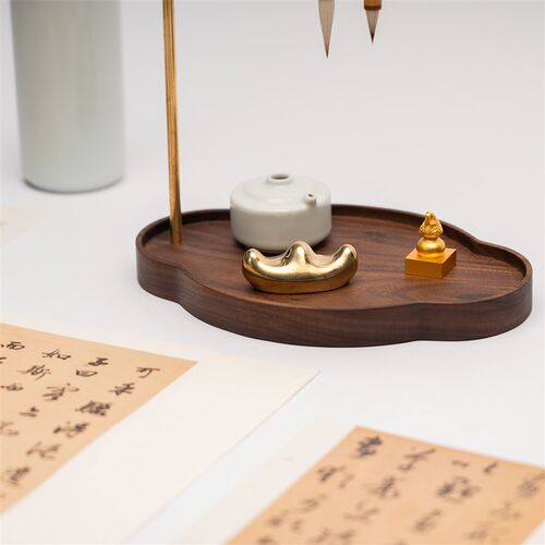 适意沐堂黑胡桃木黄铜笔挂笔架毛笔收纳文房雅器多功能实木底座简