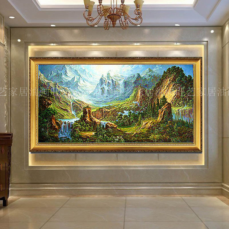 手绘风景欧式古典别墅客厅酒店餐厅玄关壁炉有框聚宝盆家居挂画