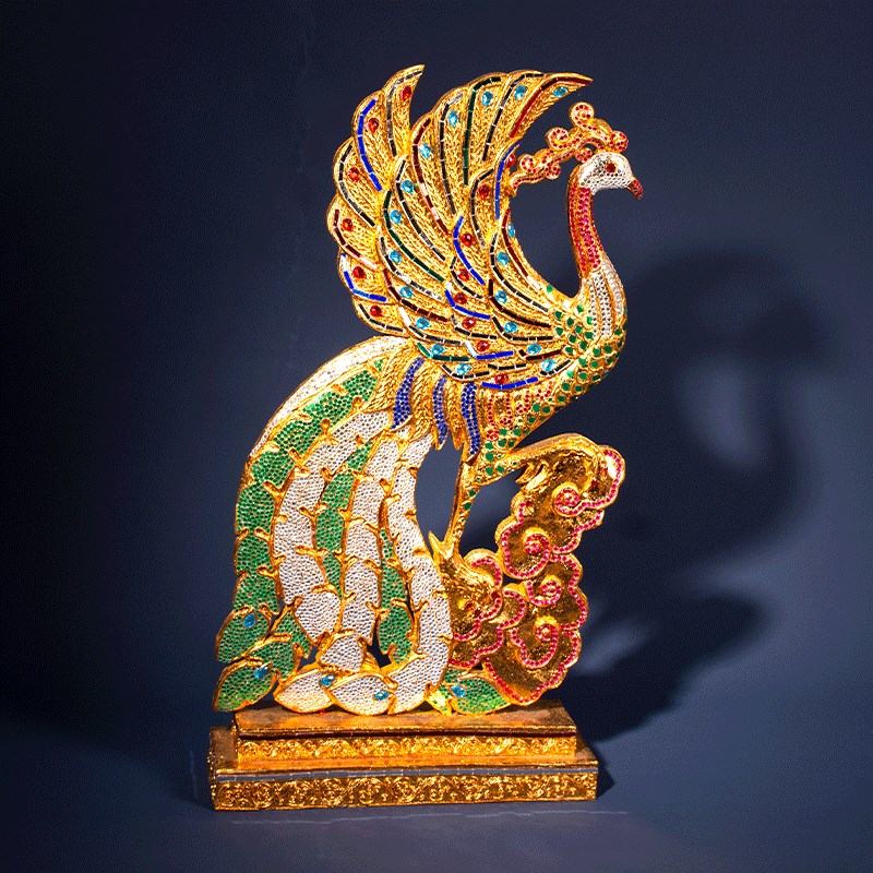 泰国式实木雕刻孔雀祥云摆件装饰工艺品软装餐厅酒店门口迎宾摆放