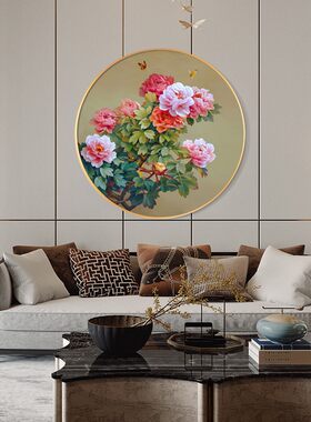 手绘轻奢花开富贵牡丹简约玄关圆形客厅花卉走廊油画餐厅装饰定做