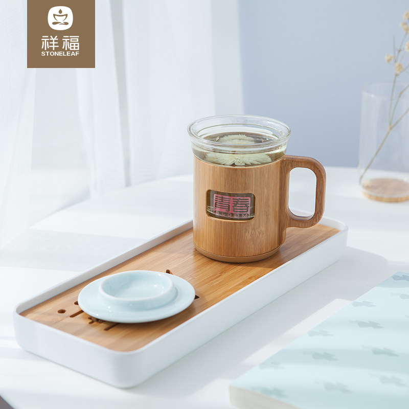 祥福茶具 办公室玻璃杯竹制陶瓷花草茶具带盖三件杯创意泡茶水杯