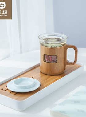 祥福茶具 办公室玻璃杯竹制陶瓷花草茶具带盖三件杯创意泡茶水杯