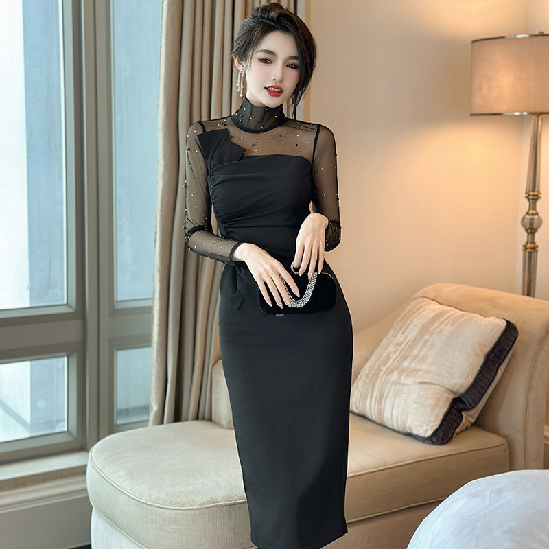 黑色晚礼服女2024新款高级感法式长袖连衣裙轻奢修身气质秋冬裙子