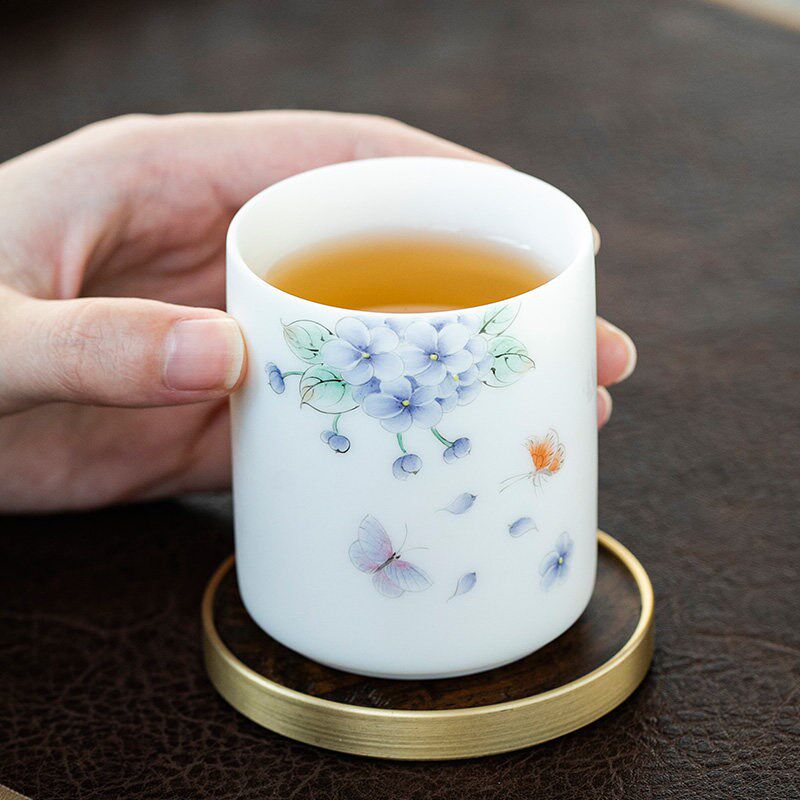 钰铨龙门 羊脂玉瓷素烧手绘花主人茶杯家用品茗杯功夫茶具礼盒装