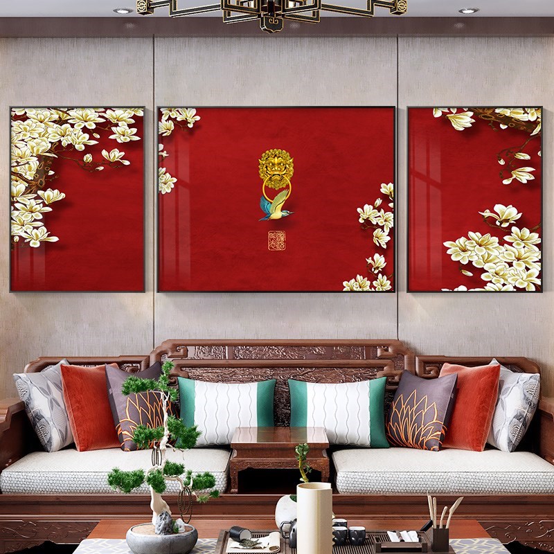 网红新中式红色装饰画沙发客厅挂画大气中国风三联喜庆背景墙墙面