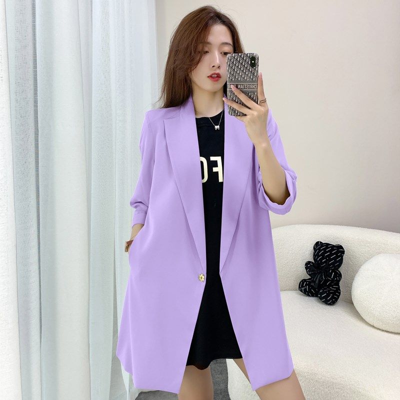 夏季薄款小西装外套女7分袖雪纺防晒上衣休闲宽松大码长款西服