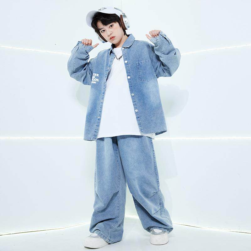 街舞儿童演出服男孩复古做旧牛仔套装衬衫外套hiphop嘻哈阔腿裤酷