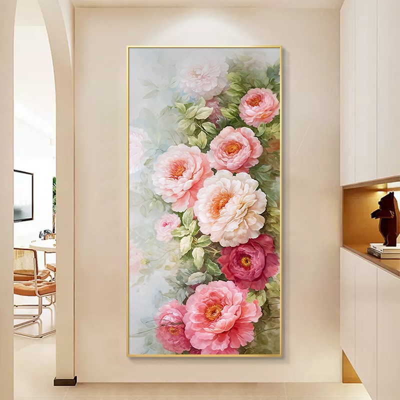 牡丹花油画入户玄关装饰画轻奢高级感花开富贵挂画正对门壁画