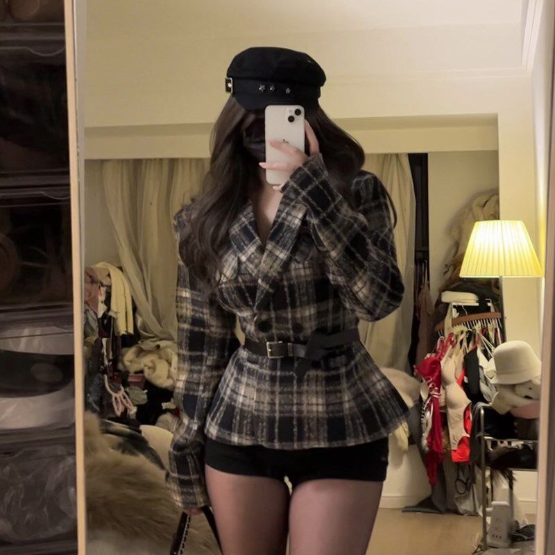 荔枝爱睡觉 秋冬格子毛呢学院风收腰短大衣~显瘦西服高级上衣