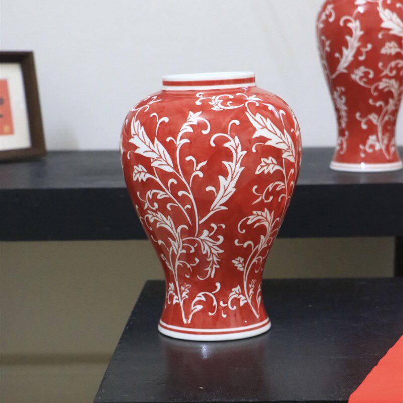 元宵新年陶瓷水培鲜花瓶红色将军罐客厅插花装饰品高级感