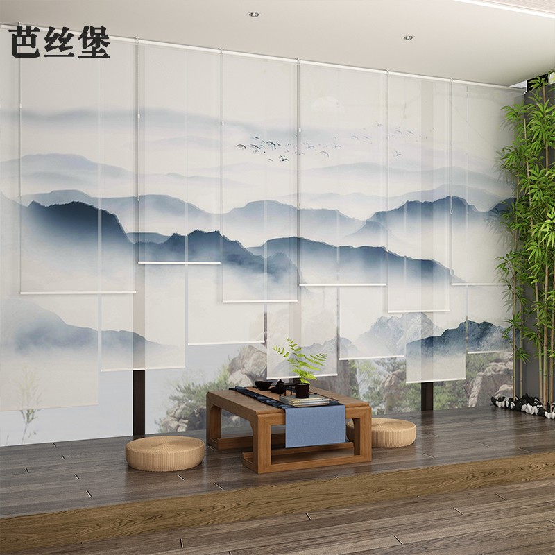 新中式卷帘软屏风茶室山水窗画布禅意窗帘升降式办公室大厅装饰