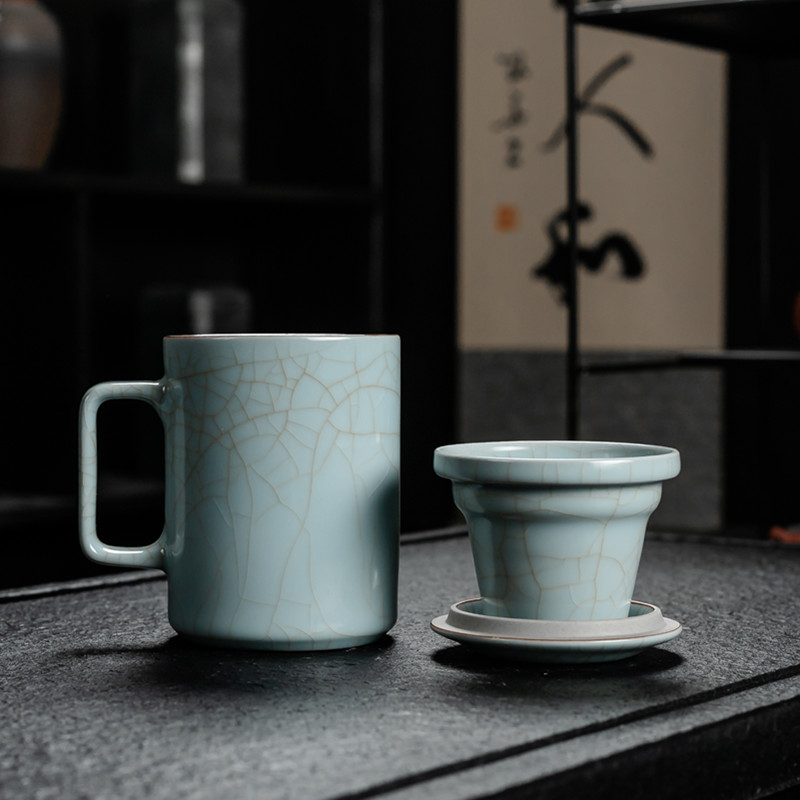 书千冰裂釉青瓷水杯 汝窑办公杯个人泡茶杯子 茶水分离过滤杯新款
